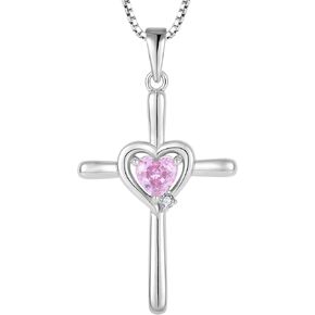 Cross Necklace 925 Sterling Silver Religious Pendant Crucifix Heart Birthstone Jewelry