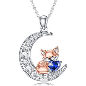 LONAGO Fox Moon Pendant Necklace Birthstone Fox Necklace Gift for Women
