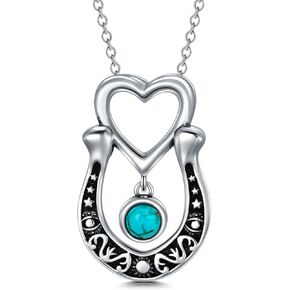 Turquoise Horseshoe Necklace 925 Sterling Silver Lucky Horseshoe Heart Necklace Western Natural Gemstone Pendant Gifts for Women Mom