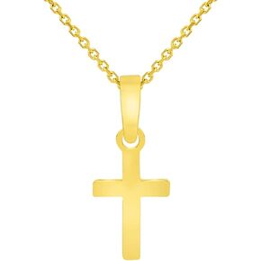 Solid 14k Yellow Gold Tiny Dainty Classic Plain Religious Cross Charm Pendant with Rolo Cable, Cuban Curb, or Figaro Chain Necklaces