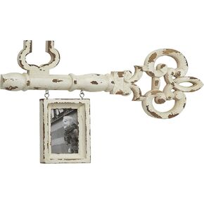 Deco 79 25" x 14.5" Decorative Antique Key & Hanging Picture Frame Wall Decor w/Distressed White Finish (20470)