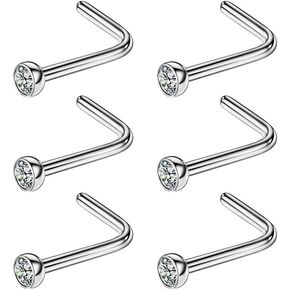 FANSING 6pcs 20g 2mm Screw Nose Rings for Women Rhinestone Nose Stud Rings Silver 6.5mm Length L Shaped Nostril Piercing Jewelry 20 Gauge Nose Jewelry