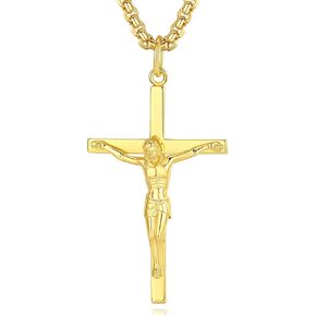 FANCIME Crucifix Cross Necklace Polished Crucifix Necklace Sterling Silver Fine Jewelry Gifts for Him Men, Strong Stainless Steel Box Chain Length 24 Inch