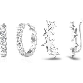 Sterling Silver Hypoallergenic Star Ear Climber Earrings - Sterling Silver Hypoallergenic Cubic Zirconia Paw Print Hoop Earrings