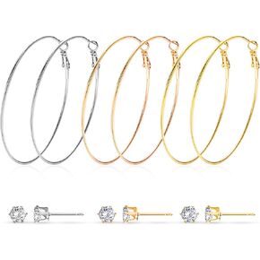 Hoop Stud Earrings Set for Women: 6 Pairs 14K Gold | Rose Gold | White Gold Plated Big Hoops and Cubic Zirconia Stud Earrings Jewelry
