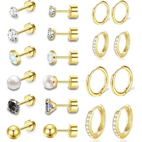Surgical Steel Flat Back Earrings Set for Multiple Piercing Sensitive Ears Hypoallergenic,Sterling Silver Small Cartilage Huggie Hoop Earrings Titanium Tiny CZ Pearl Opal Stud Earrings for Women