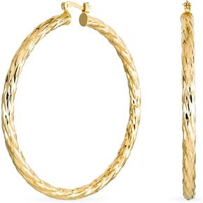Diamond-Cut Rope Cable Wide Large Hoop Earrings For Women Teen 18K Yellow Gold Plated Brass 1.50-2.25 Inch Diameter