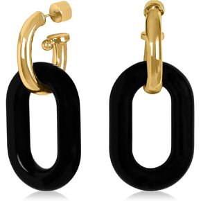 Gold Plated Sterling Silver 60MM Resin Link Oblong Dangle Open Hoop Earrings for Women - in Assorted Colors and Patterns