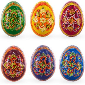 BestPysanky Set of 6 Folk Art Patterns Wooden Ukrainian Easter Eggs 2.5 Inches