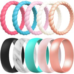 ThunderFit Silicone Wedding Rings for Women, Swivel and Round 10 Mixed Rubber Engagement Bands