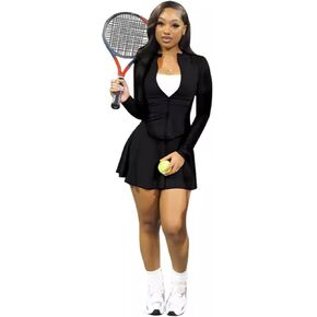 Elainone 2 Piece Tennis Golf Skorts Skirt Sets for Women Mini Skirt with Shorts Set Outfits Long Sleeve Zipper Crop Top