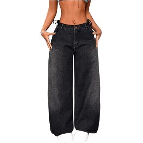 MakeMeChic Women's Low Waisted Wide Leg Baggy Jeans Button Front Loose Fit Denim Pants