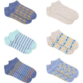CARIBBEAN JOE Men's No Show Ankle Socks, Aztec Fish Pattern, 6 Pack, Fun Colorful Dress Socks for Men, Non-Slip Thin, Blue, One Size