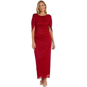 R&M Richards Glitter Chiffon Dress W/Draped Back & Cape Sleeves