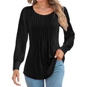 Long Sleeve Shirts for Women Pleated Crew Neck Business Casual Tunic Tops with Smocked Cuffs Fall Outfits