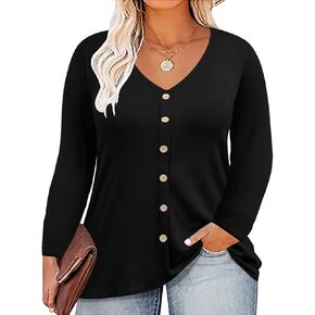 RITERA Plus Size Tops for Women Long Sleeve Button Down Shirts Casual Fall V Neck Blouses XL-5XL