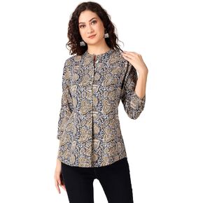 ladyline Casual Rayon Printed Tunic Top Blouse for Womens Stand Collar Button Down Short Kurti Ethnic Print