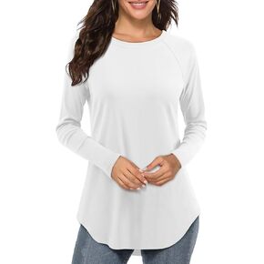 Amoretu Long Sleeve Tops Crew Neck Shirt Loose Fit Curved Hem Side Splits Trendy Extra Long T Shirt