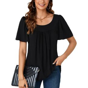 LYANER Women’s Casual Crewneck Pleated Flowy Short Sleeve Tunic Tops Blouse