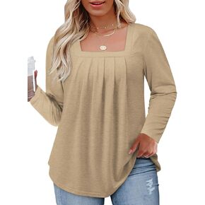 Womens-Plus-Size-Tops Dressy Pleated Square Neck Shirts Trendy Cute Long Sleeve Blouses Casual Loose Fit Tunics XL-5XL