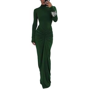 Womens Sexy Dress Maxi Dress Long Sleeve Ruched Bodycon Turtleneck Club Party Dress Long Casual Wedding Dresses