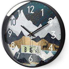 Digital Wall Clock Silent Non-Ticking Battery Operated Wall Clock with LCD Display Calendar Temperature Elk Mountain Pattern Wall Clock Decorative for Living Room Bedroom Home Office Kitchen 14inch