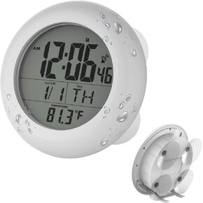 Sonnet Shower Clock for Bathroom and Kitchen - Large Digital Display Shows Time, Date, Day of The Week and Temperature. Large Suction Cups, Hanging Hole, and Kick Stand - White - T4691