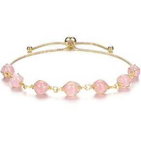 MANIFO Natural Rose Quartz Crystals Bracelet 14K Gold Reiki Healing Crystal Gemstone Adjustable Link Bracelets for Yoga Meditation