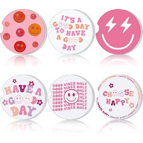 Zubebe 6 Pcs Car Coasters Pink Car Cup Holder Coaster Preppy Car Accessories for Women Absorbent Car Cup Coaster with Finger Notch Cute Smile Drink Coaster for Girl Students(Cute, Ceramic and Cork)