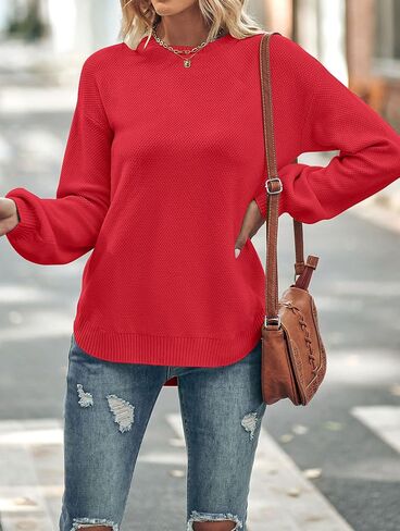 MEROKEETY Women's 2024 Fall Long Balloon Sleeve Crew Neck Sweater Tops Waffle Knit Soft Pullover Jumper in Kuwait