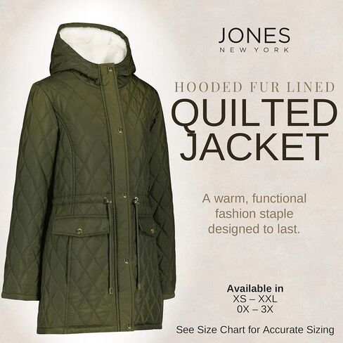 Jones NY Diamond-Quilted Jacket Anorak with Fur Lining - Winter Coats for Women, Black in Saudi Arabia