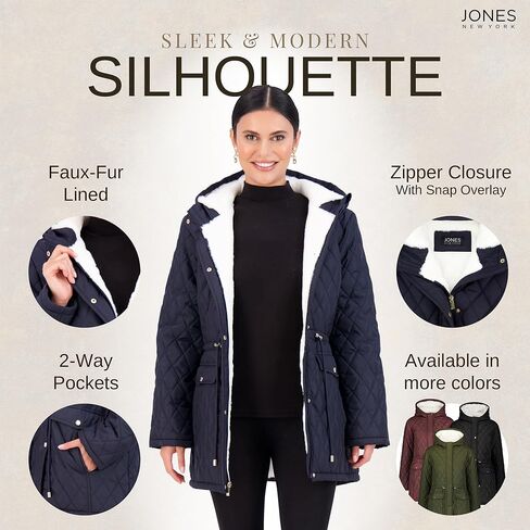 Jones NY Diamond-Quilted Jacket Anorak with Fur Lining - Winter Coats for Women, Black in Kuwait