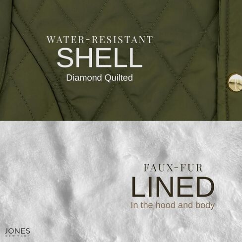Jones NY Diamond-Quilted Jacket Anorak with Fur Lining - Winter Coats for Women, Black in Saudi Arabia