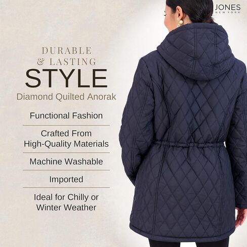Jones NY Diamond-Quilted Jacket Anorak with Fur Lining - Winter Coats for Women, Black in Kuwait