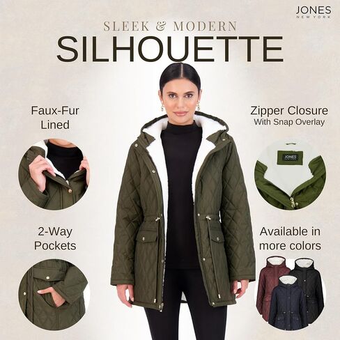 Jones NY Diamond-Quilted Jacket Anorak with Fur Lining - Winter Coats for Women, Black in Saudi Arabia