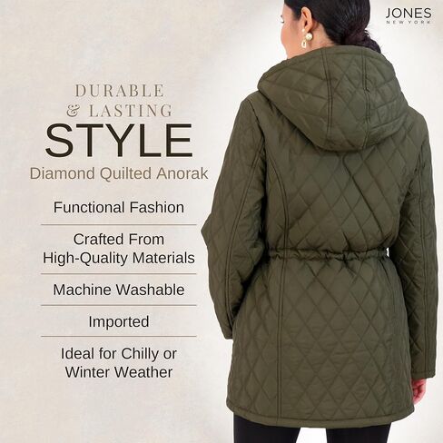 Jones NY Diamond-Quilted Jacket Anorak with Fur Lining - Winter Coats for Women, Black in Saudi Arabia