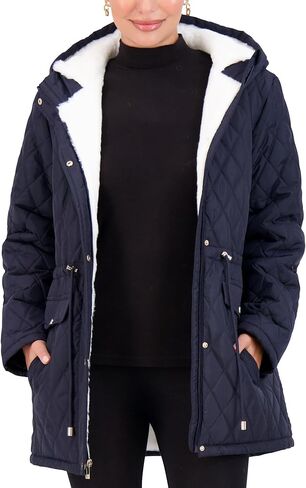 Jones NY Diamond-Quilted Jacket Anorak with Fur Lining - Winter Coats for Women, Black in Kuwait