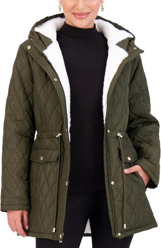 Jones NY Diamond-Quilted Jacket Anorak with Fur Lining - Winter Coats for Women, Black in Saudi Arabia