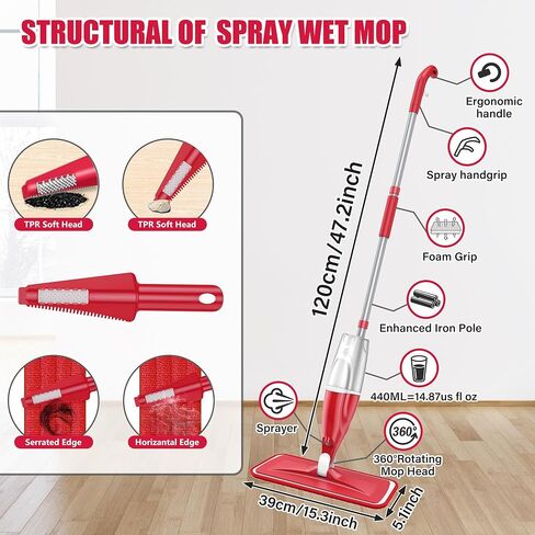 Microfiber Spray Mop for Floors Cleaning: Wet Dry Hardwood Floor Mops with 4 Washable Reusable Pads for Swiffer Powermop - Flat Mop with Sprayer for Tile Wood Laminate Vinyl Marble in Kuwait