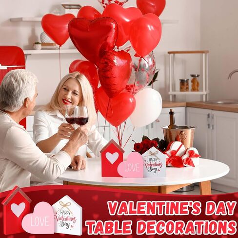 Marsui 3 Pcs Valentine's Day Table Sign House Shaped Wooden Tiered Tray Sign Heart Wooden Table Decor Happy Valentine Tabletop Wood Centerpiece for Home Wedding Party (Red,Elegant Style) in Saudi Arabia