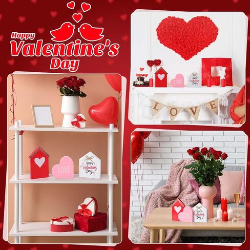 Marsui 3 Pcs Valentine's Day Table Sign House Shaped Wooden Tiered Tray Sign Heart Wooden Table Decor Happy Valentine Tabletop Wood Centerpiece for Home Wedding Party (Red,Elegant Style) in Saudi Arabia
