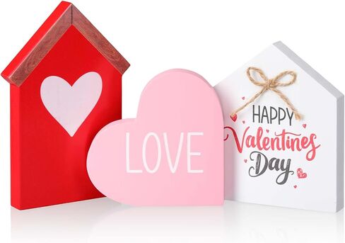 Marsui 3 Pcs Valentine's Day Table Sign House Shaped Wooden Tiered Tray Sign Heart Wooden Table Decor Happy Valentine Tabletop Wood Centerpiece for Home Wedding Party (Red,Elegant Style) in Saudi Arabia