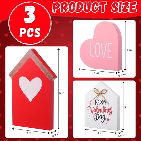 Marsui 3 Pcs Valentine's Day Table Sign House Shaped Wooden Tiered Tray Sign Heart Wooden Table Decor Happy Valentine Tabletop Wood Centerpiece for Home Wedding Party (Red,Elegant Style) in Saudi Arabia