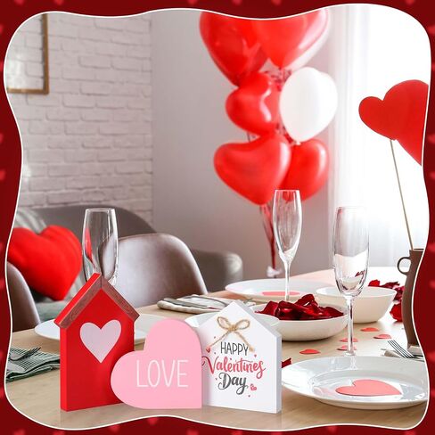 Marsui 3 Pcs Valentine's Day Table Sign House Shaped Wooden Tiered Tray Sign Heart Wooden Table Decor Happy Valentine Tabletop Wood Centerpiece for Home Wedding Party (Red,Elegant Style) in Saudi Arabia