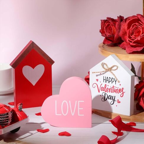Marsui 3 Pcs Valentine's Day Table Sign House Shaped Wooden Tiered Tray Sign Heart Wooden Table Decor Happy Valentine Tabletop Wood Centerpiece for Home Wedding Party (Red,Elegant Style) in Saudi Arabia