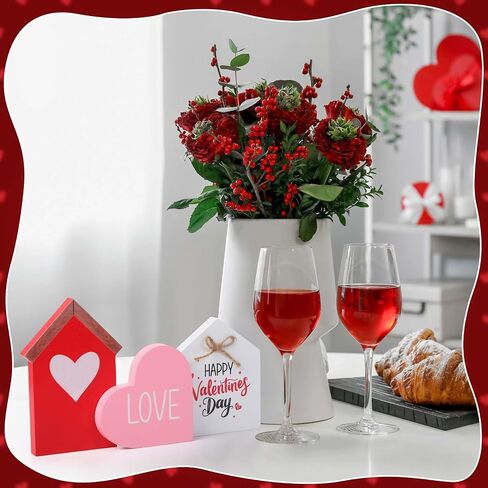 Marsui 3 Pcs Valentine's Day Table Sign House Shaped Wooden Tiered Tray Sign Heart Wooden Table Decor Happy Valentine Tabletop Wood Centerpiece for Home Wedding Party (Red,Elegant Style) in Saudi Arabia