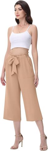 Women's Wide Leg Pants Capris Pants High Waist Casual Lounge Pants Adjustable Tie Business Casual Pants in Saudi Arabia