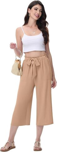 Women's Wide Leg Pants Capris Pants High Waist Casual Lounge Pants Adjustable Tie Business Casual Pants in Saudi Arabia