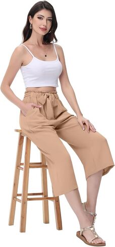 Women's Wide Leg Pants Capris Pants High Waist Casual Lounge Pants Adjustable Tie Business Casual Pants in Saudi Arabia