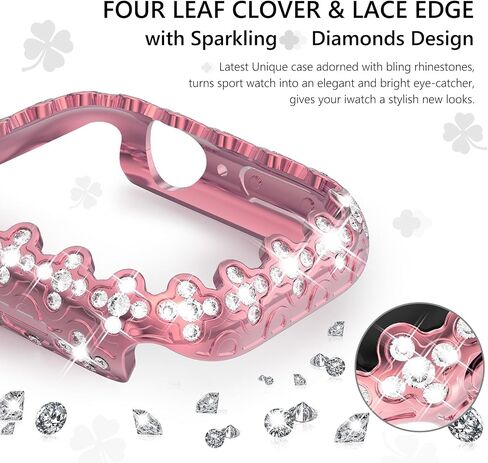 WINGLE Bling Bumper Case Compatible for Apple Watch Series 9/8/7 41mm, 4 Leaf Clover Diamond Protective Face Cover for Women, Hard PC Frame Protector for iWatch Apple Watch Case 41mm Lace Edge Pink in Saudi Arabia